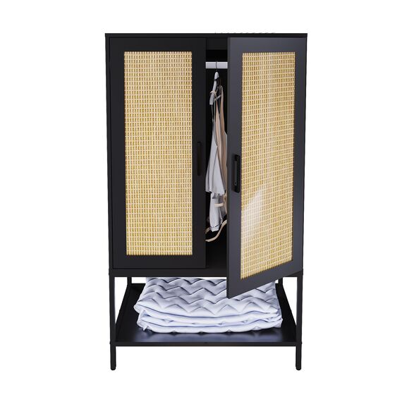BOCVKENN Kleiderschrank, Rattan-Schlafzimmerschrank mit 2 Türen, Holzschrank mit Regalen und Kleiderstange für Kleidung, Schwarz