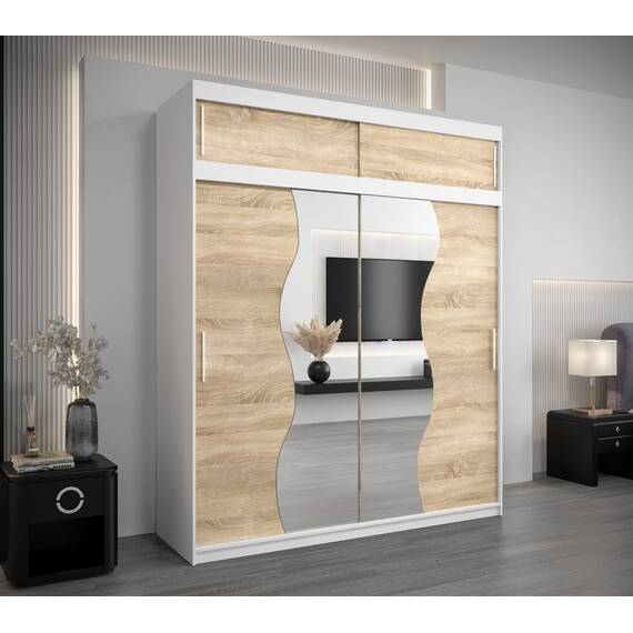 KRYSPOL Schwebetürenschrank Madryt 200 cm mit Spiegel Kleiderschrank mit Kleiderstange und Einlegeboden Schlafzimmer- Wohnzimmerschrank Schiebetüren Modern Design (Weiß + Sonoma mit Erweiterung)