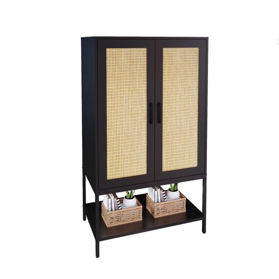 BOCVKENN Kleiderschrank, Rattan-Schlafzimmerschrank mit 2 Türen, Holzschrank mit Regalen und Kleiderstange für Kleidung, Schwarz