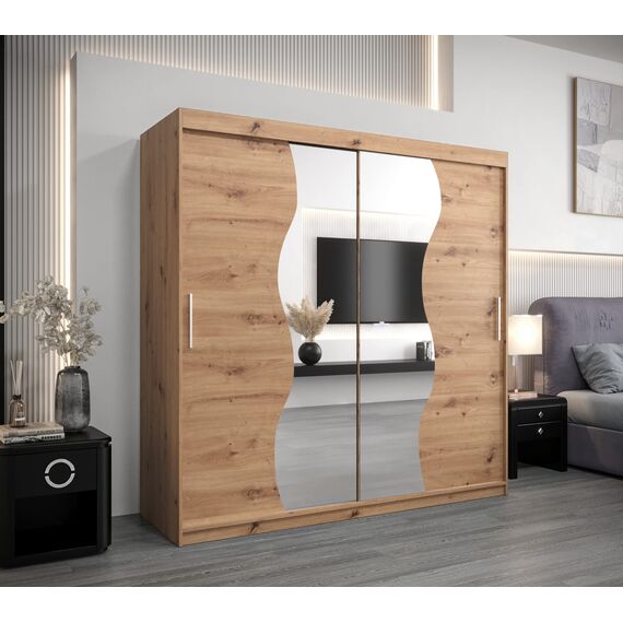 KRYSPOL Schwebetürenschrank Madryt 200 cm mit Spiegel Kleiderschrank mit Kleiderstange und Einlegeboden Schlafzimmer- Wohnzimmerschrank Schiebetüren Modern Design (Artisan Eiche)