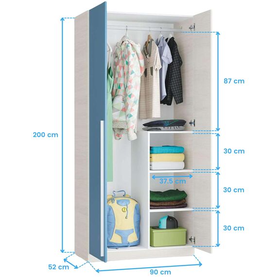 Kleiderschrank mit zwei Türen und drei Einlegeböden, mit Kleiderstange, Holznachbildung weiß und hellblau, 90 x 200 x 52 cm.