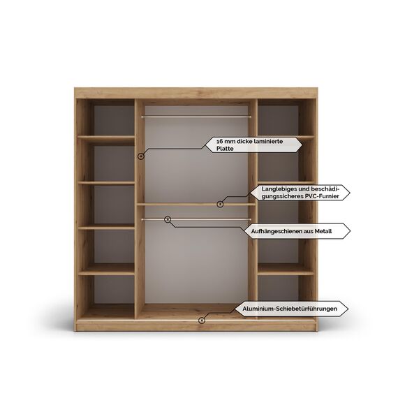 KRYSPOL Schwebetürenschrank Madryt 180 cm mit Spiegel Kleiderschrank Kleiderstange und Einlegeboden Schlafzimmer- Wohnzimmerschrank Schiebetüren Modern Design (Schwarz + Artisan Eiche)