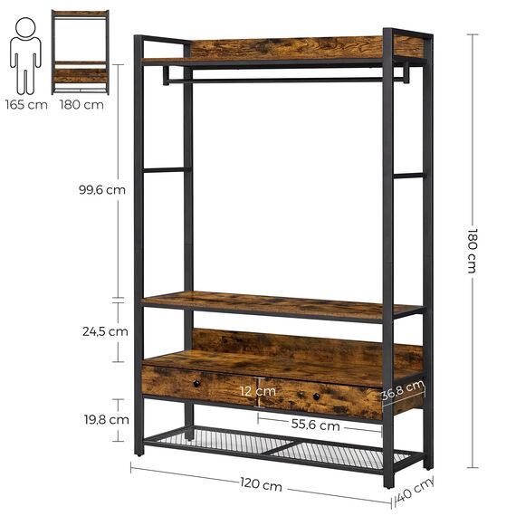 VASAGLE Kleiderschrank offen, Kleiderständer, Garderobe mit Stange, 2 Schubladen, Gitterablage, für Schlafzimmer, Ankleidezimmer, 120 x 40 x 180 cm, Industrie-Design, vintagebraun-schwarz RGR002B01