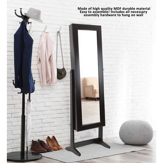 Greenco Free Standing Jewelry Organizer Armoire with Large Mirror and Led Lights, Lockable, Espresso