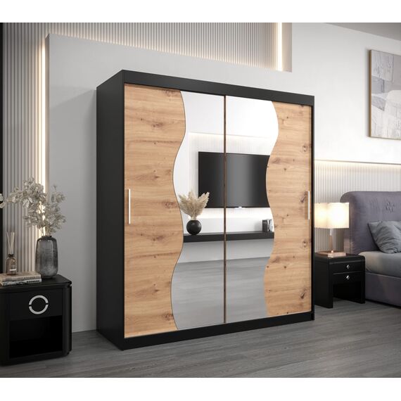 KRYSPOL Schwebetürenschrank Madryt 180 cm mit Spiegel Kleiderschrank Kleiderstange und Einlegeboden Schlafzimmer- Wohnzimmerschrank Schiebetüren Modern Design (Schwarz + Artisan Eiche)