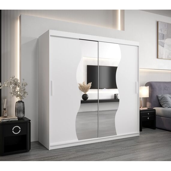 KRYSPOL Schwebetürenschrank Madryt 200 cm mit Spiegel Kleiderschrank mit Kleiderstange und Einlegeboden Schlafzimmer- Wohnzimmerschrank Schiebetüren Modern Design (Weiß)