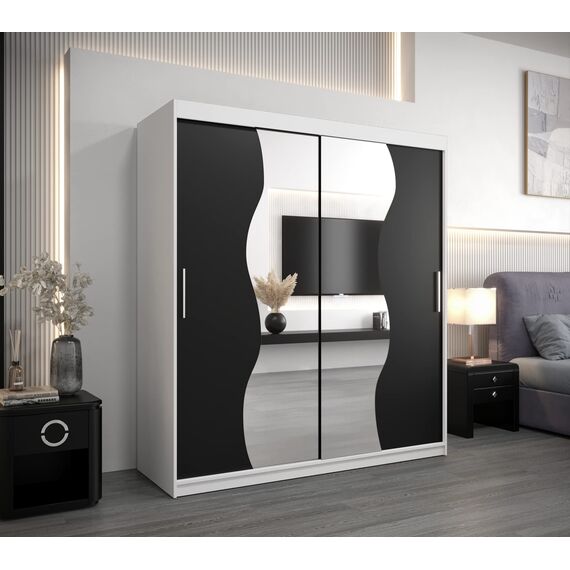 KRYSPOL Schwebetürenschrank Madryt 180 cm mit Spiegel Kleiderschrank mit Kleiderstange und Einlegeboden Schlafzimmer- Wohnzimmerschrank Schiebetüren Modern Design (Weiß + Schwarz)
