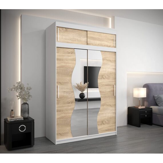 KRYSPOL Schwebetürenschrank Madryt 150 cm mit Spiegel Kleiderschrank mit Kleiderstange und Einlegeboden Schlafzimmer- Wohnzimmerschrank Schiebetüren Modern Design (Weiß + Sonoma mit Erweiterung)