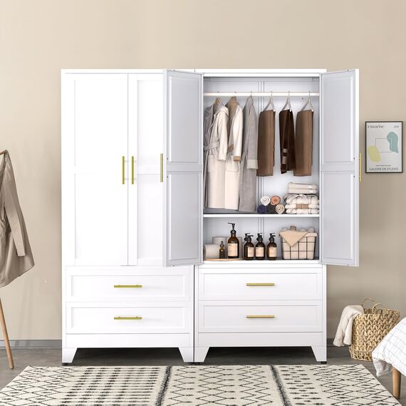 Anewome 180,3 cm Metallschrank Kleiderschrank mit 2 Schubladen, freistehend, 2-türig, hohe Kleideraufbewahrung mit verstellbaren Regalen und Kleiderstange, für Schlafzimmer, Wohnheim, Weiß
