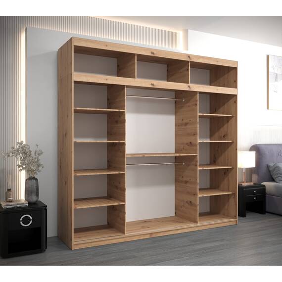 KRYSPOL Schwebetürenschrank Madryt 250 cm mit Spiegel Kleiderschrank mit Kleiderstange und Einlegeboden Schlafzimmer- Wohnzimmerschrank Schiebetüren (Artisan Eiche + Schwarz mit Erweiterung)
