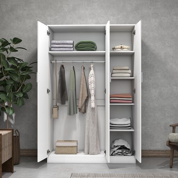 3 Türen Spiegelschrank für Schlafzimmer Schlafzimmer Möbel Robe mit 6 Staufächern, Kleiderstange, 115,4 x 50 x 180 cm (Weiß)