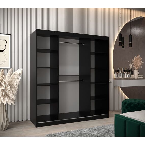 KRYSPOL Schwebetürenschrank Madryt 180 cm mit Spiegel Kleiderschrank Kleiderstange und Einlegeboden Schlafzimmer- Wohnzimmerschrank Schiebetüren Modern Design (Schwarz + Artisan Eiche)