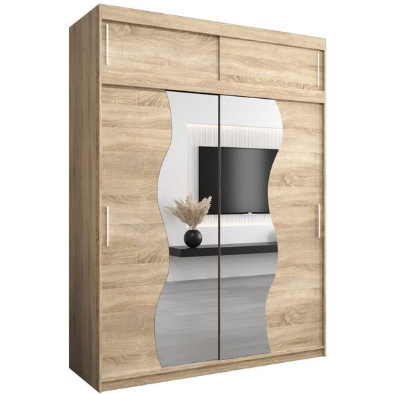 KRYSPOL Schwebetürenschrank Madryt 180 cm mit Spiegel Kleiderschrank mit Kleiderstange und Einlegeboden Schlafzimmer- Wohnzimmerschrank Schiebetüren Modern Design (Sonoma mit Erweiterung)