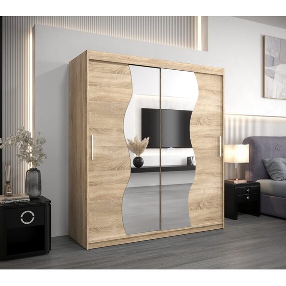 KRYSPOL Schwebetürenschrank Madryt 180 cm mit Spiegel Kleiderschrank mit Kleiderstange und Einlegeboden Schlafzimmer- Wohnzimmerschrank Schiebetüren Modern Design (Sonoma)