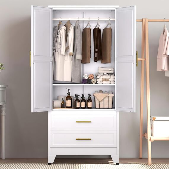 Anewome 180,3 cm Metallschrank Kleiderschrank mit 2 Schubladen, freistehend, 2-türig, hohe Kleideraufbewahrung mit verstellbaren Regalen und Kleiderstange, für Schlafzimmer, Wohnheim, Weiß