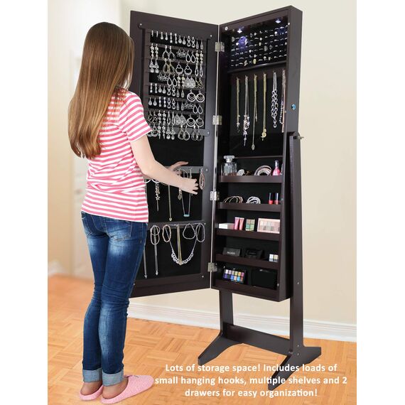 Greenco Free Standing Jewelry Organizer Armoire with Large Mirror and Led Lights, Lockable, Espresso