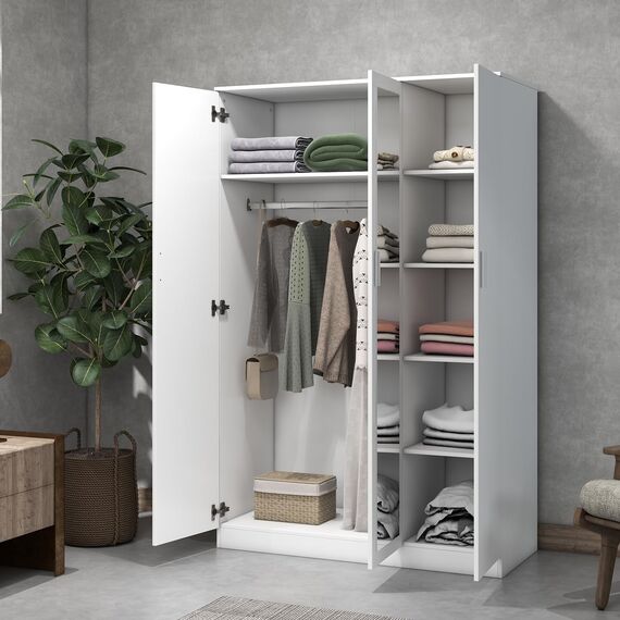 3 Türen Spiegelschrank für Schlafzimmer Schlafzimmer Möbel Robe mit 6 Staufächern, Kleiderstange, 115,4 x 50 x 180 cm (Weiß)