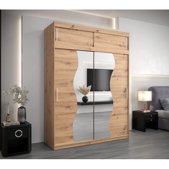 KRYSPOL Schwebetürenschrank Madryt 180 cm mit Spiegel Kleiderschrank mit Kleiderstange und Einlegeboden Schlafzimmer- Wohnzimmerschrank Schiebetüren Modern Design (Artisan Eiche mit Erweiterung)