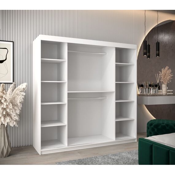 KRYSPOL Schwebetürenschrank Madryt 200 cm mit Spiegel Kleiderschrank mit Kleiderstange und Einlegeboden Schlafzimmer- Wohnzimmerschrank Schiebetüren Modern Design (Weiß)