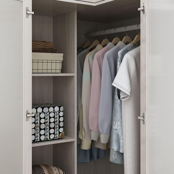 MOUMON Eck-Kleiderschrank mit 2 Acryltüren, Kleiderschrank mit Kleiderstange, oberer Würfelaufbewahrung, Schrank für Schlafzimmer, Holzmaserung (41 cm B x 50 cm T x 210 cm H)