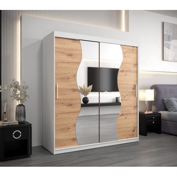 KRYSPOL Schwebetürenschrank Madryt 180 cm mit Spiegel Kleiderschrank mit Kleiderstange und Einlegeboden Schlafzimmer- Wohnzimmerschrank Schiebetüren Modern Design (Weiß + Artisan Eiche)