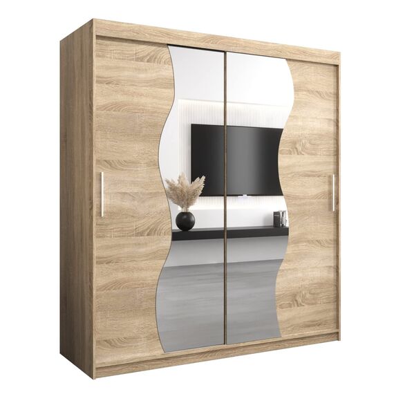 KRYSPOL Schwebetürenschrank Madryt 180 cm mit Spiegel Kleiderschrank mit Kleiderstange und Einlegeboden Schlafzimmer- Wohnzimmerschrank Schiebetüren Modern Design (Sonoma)