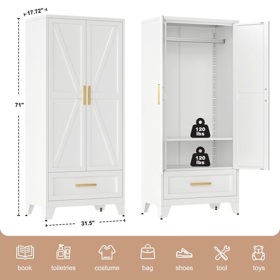 LCAOPC 180,3 cm hoher Metall-Kleiderschrank mit Schublade und Kleiderstange, 2 Türen, Schrank mit Ablage für Schlafzimmer, Büro, Waschküche, Weiß