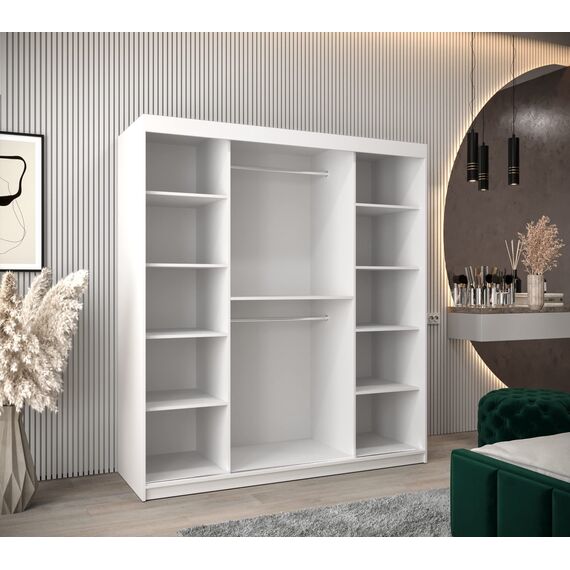 KRYSPOL Schwebetürenschrank Madryt 180 cm mit Spiegel Kleiderschrank mit Kleiderstange und Einlegeboden Schlafzimmer- Wohnzimmerschrank Schiebetüren Modern Design (Weiß + Sonoma)