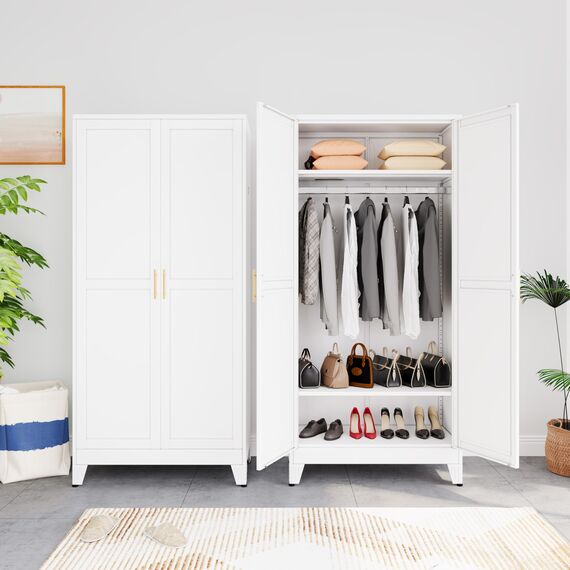 AUEYTVR Metallschrank mit Kleiderstange, 180 cm, Metall-Kleiderschrank mit 2 Türen und 2 verstellbaren Einlegeböden für Schlafzimmer, Waschküche, Garderobe