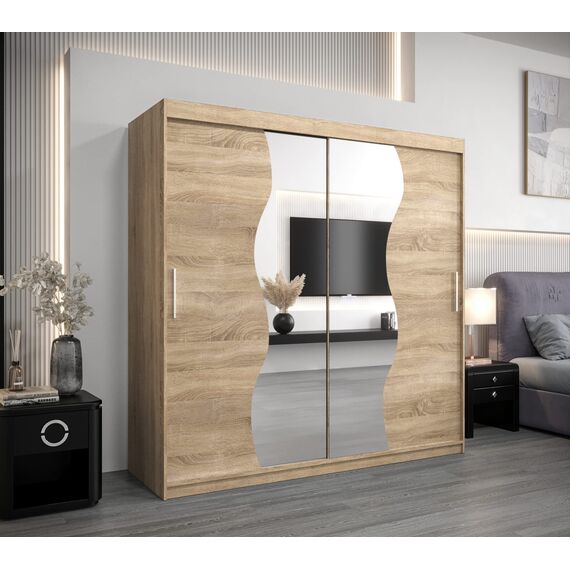 KRYSPOL Schwebetürenschrank Madryt 200 cm mit Spiegel Kleiderschrank mit Kleiderstange und Einlegeboden Schlafzimmer- Wohnzimmerschrank Schiebetüren Modern Design (Sonoma)