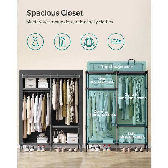 SONGMICS URDR301B02 Kleiderschrank, 165 cm, robust, tragbar, freistehend, Kleiderständer mit Abdeckung, 2 Kleiderstangen, 3 Ablagen, 4 Seitentaschen, Schwarz