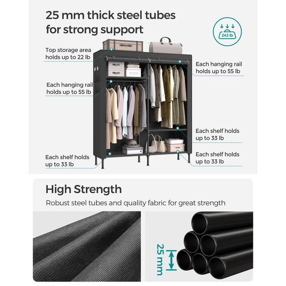 SONGMICS URDR301B02 Kleiderschrank, 165 cm, robust, tragbar, freistehend, Kleiderständer mit Abdeckung, 2 Kleiderstangen, 3 Ablagen, 4 Seitentaschen, Schwarz