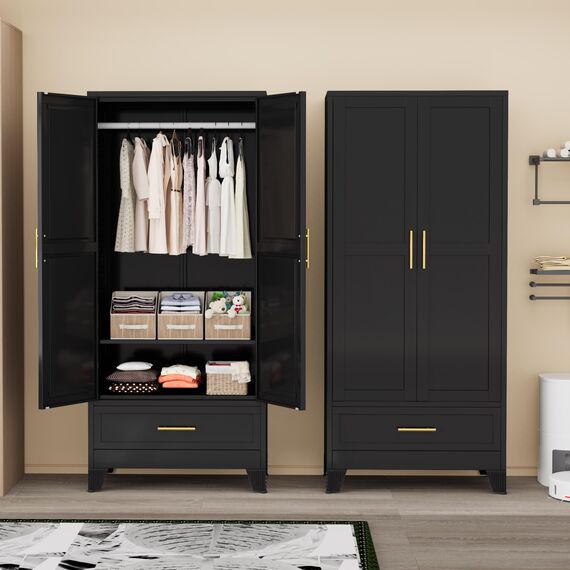 180.3 cm H Metal Armoire Wardrobe Closet, Adjustable Shelve, Clothes Metal Wardrobe Cabinet for Bedroom (1 Drawer, Black)