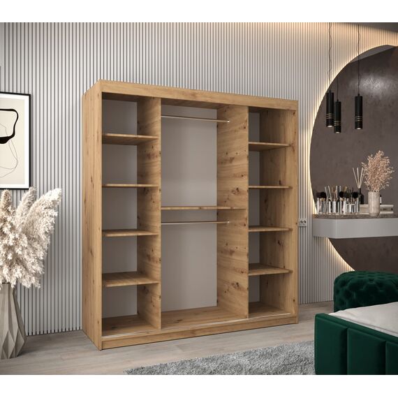 KRYSPOL Schwebetürenschrank Madryt 180 cm mit Spiegel Kleiderschrank mit Kleiderstange und Einlegeboden Schlafzimmer- Wohnzimmerschrank Schiebetüren Modern Design (Artisan Eiche + Schwarz)