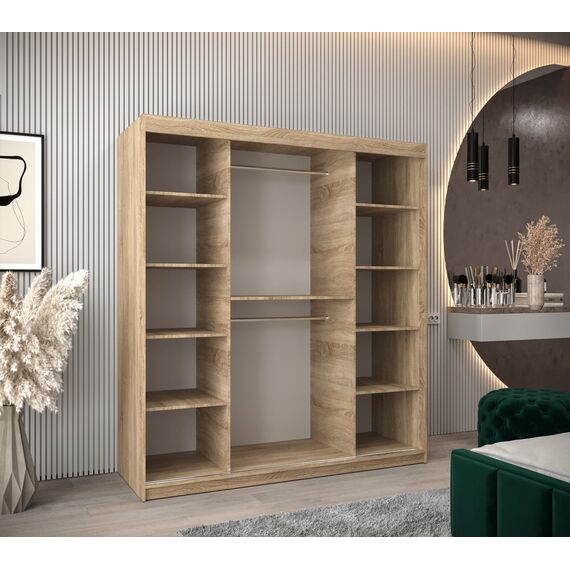 KRYSPOL Schwebetürenschrank Madryt 180 cm mit Spiegel Kleiderschrank mit Kleiderstange und Einlegeboden Schlafzimmer- Wohnzimmerschrank Schiebetüren Modern Design (Sonoma)