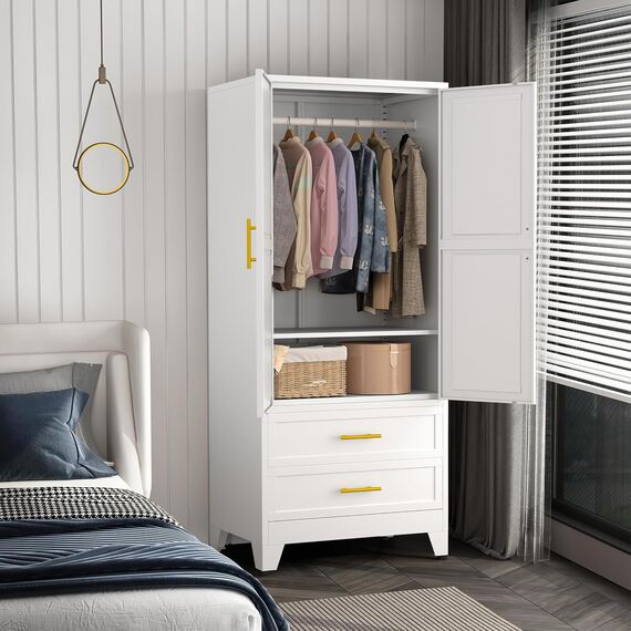 Anewome 180,3 cm Metallschrank Kleiderschrank mit 2 Schubladen, freistehend, 2-türig, hohe Kleideraufbewahrung mit verstellbaren Regalen und Kleiderstange, für Schlafzimmer, Wohnheim, Weiß