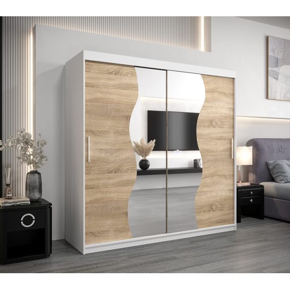 KRYSPOL Schwebetürenschrank Madryt 200 cm mit Spiegel Kleiderschrank mit Kleiderstange und Einlegeboden Schlafzimmer- Wohnzimmerschrank Schiebetüren Modern Design (Weiß + Sonoma)