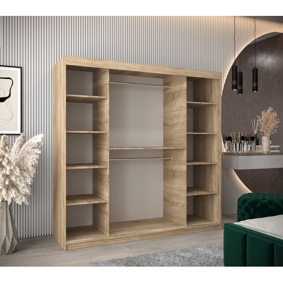 KRYSPOL Schwebetürenschrank Madryt 200 cm mit Spiegel Kleiderschrank mit Kleiderstange und Einlegeboden Schlafzimmer- Wohnzimmerschrank Schiebetüren Modern Design (Sonoma + Schwarz)