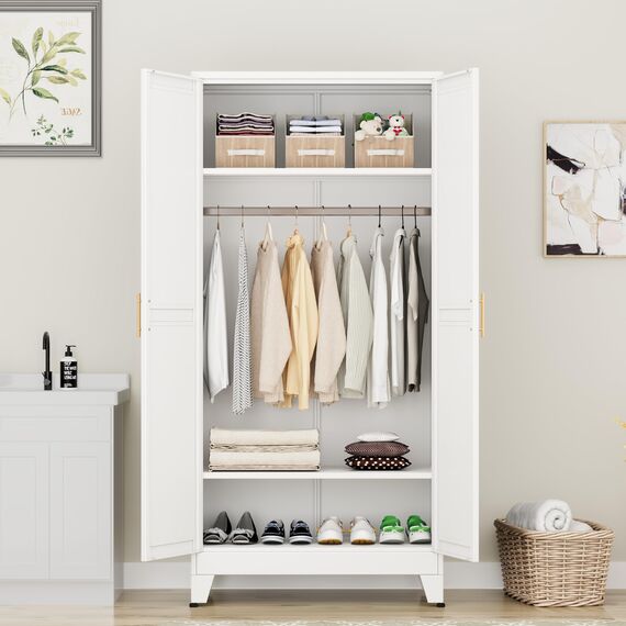 AUEYTVR Metallschrank mit Kleiderstange, 180 cm, Metall-Kleiderschrank mit 2 Türen und 2 verstellbaren Einlegeböden für Schlafzimmer, Waschküche, Garderobe