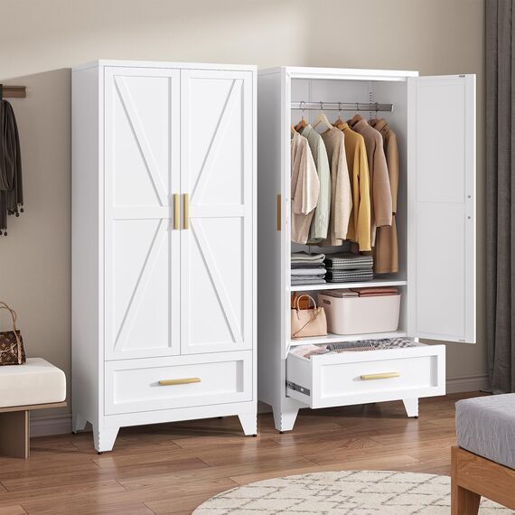 LCAOPC 180,3 cm hoher Metall-Kleiderschrank mit Schublade und Kleiderstange, 2 Türen, Schrank mit Ablage für Schlafzimmer, Büro, Waschküche, Weiß