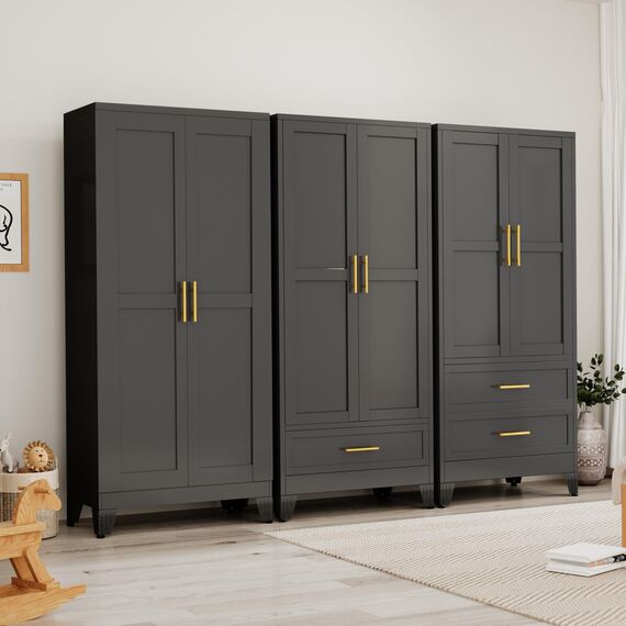 180.3 cm H Metal Armoire Wardrobe Closet, Adjustable Shelve, Clothes Metal Wardrobe Cabinet for Bedroom (1 Drawer, Black)