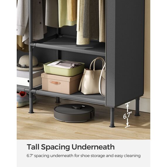 SONGMICS URDR301B02 Kleiderschrank, 165 cm, robust, tragbar, freistehend, Kleiderständer mit Abdeckung, 2 Kleiderstangen, 3 Ablagen, 4 Seitentaschen, Schwarz