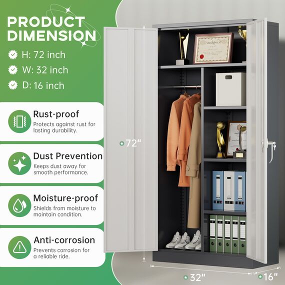 INTERGREAT Metall-Kleiderschrank, 180,3 cm hoch, Schlafzimmerschrank mit Schloss, Aufbewahrungsschrank mit verstellbaren Regalen und abnehmbaren Kleiderstangen (weiß)