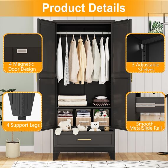 180.3 cm H Metal Armoire Wardrobe Closet, Adjustable Shelve, Clothes Metal Wardrobe Cabinet for Bedroom (1 Drawer, Black)