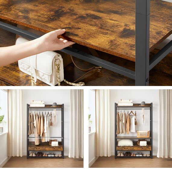 VASAGLE Kleiderschrank offen, Kleiderständer, Garderobe mit Stange, 2 Schubladen, Gitterablage, für Schlafzimmer, Ankleidezimmer, 120 x 40 x 180 cm, Industrie-Design, vintagebraun-schwarz RGR002B01