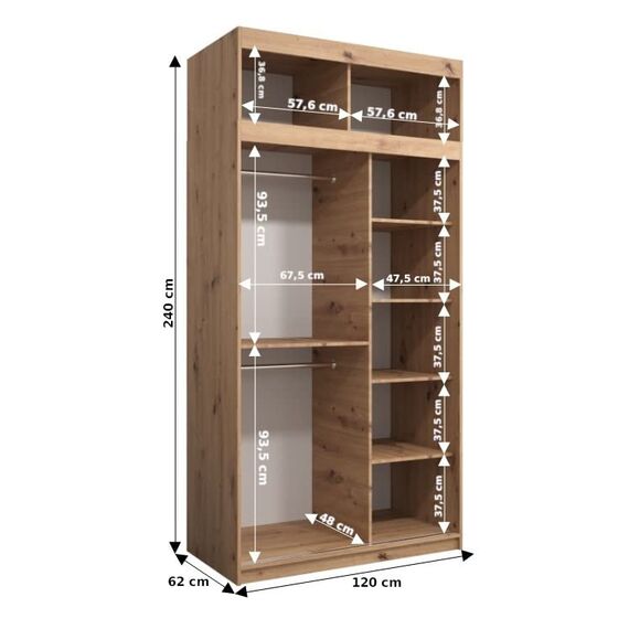 Kryspol Schwebetürenschrank York 120 cm Kleiderschrank mit Kleiderstange und Einlegeboden Schlafzimmer- Wohnzimmerschrank Schiebetüren Modern Design (Sonoma + Schwarz mit Erweiterung)
