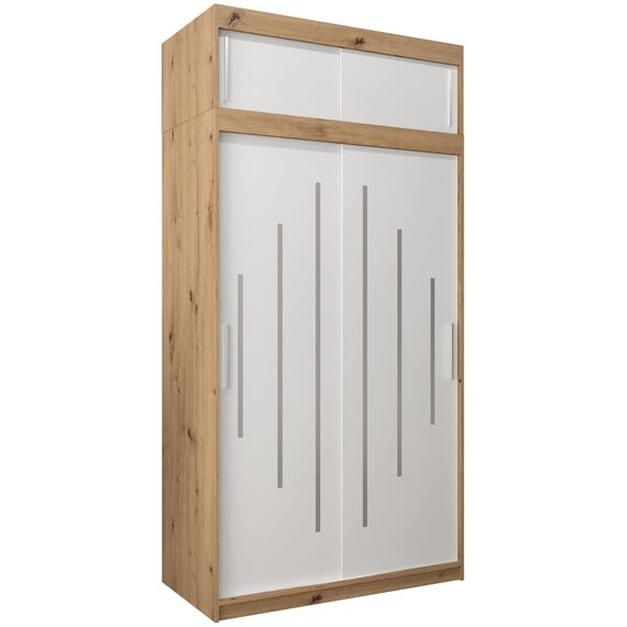 Kryspol Schwebetürenschrank York 120 cm Kleiderschrank mit Kleiderstange und Einlegeboden Schlafzimmer- Wohnzimmerschrank Schiebetüren Modern Design (Artisan Eiche + Weiß mit Erweiterung)