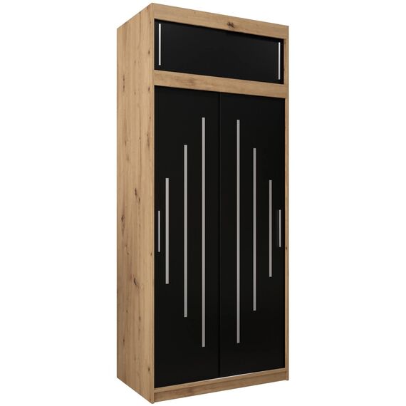 Kryspol Schwebetürenschrank York 100 cm Kleiderschrank mit Kleiderstange und Einlegeboden Schlafzimmer- Wohnzimmerschrank Schiebetüren Modern Design (Artisan Eiche + Schwarz mit Erweiterung)