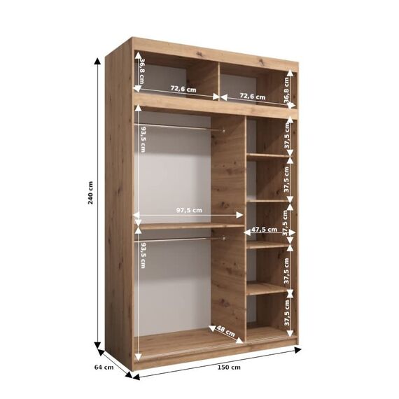 Kryspol Schwebetürenschrank York 150 cm Kleiderschrank mit Kleiderstange und Einlegeboden Schlafzimmer- Wohnzimmerschrank Schiebetüren Modern Design (Schwarz mit Erweiterung)