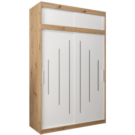 Kryspol Schwebetürenschrank York 150 cm Kleiderschrank mit Kleiderstange und Einlegeboden Schlafzimmer- Wohnzimmerschrank Schiebetüren Modern Design (Artisan Eiche + Weiß mit Erweiterung)